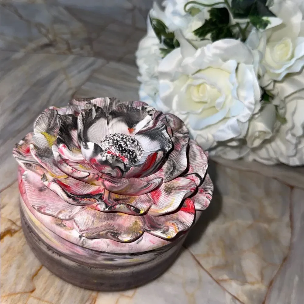 Floral Ceramic Jewelry Box - Pink and Gray